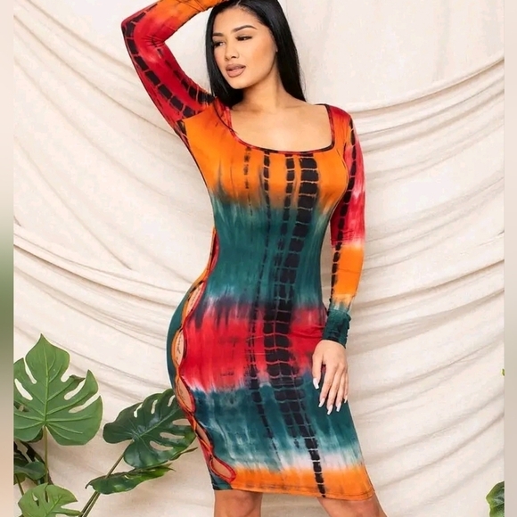 Tie Dye Printed Slim Fit Bodycon Scoop Neck Dress - Picture 1 of 10